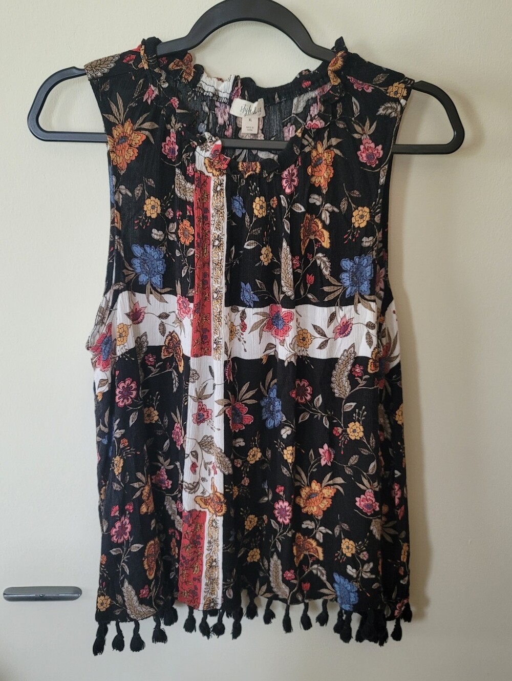 Style & CO Black Floral Tassel-Trim Boho Camisole with Multicolor Blooms
